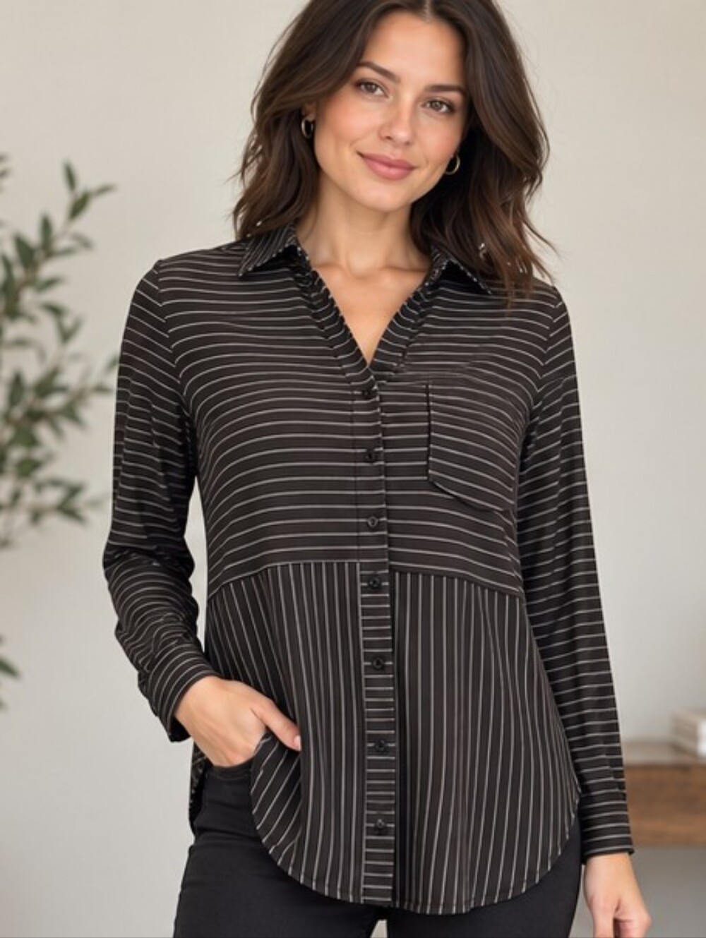APT. 9 | Black White Pinstripe Mixed Stripe Blouse Button Front  | GUC ✨ size XS